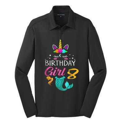 8th Birthday Unicorn Mermaid Tail 8 Years Old Silk Touch Performance Long Sleeve Polo