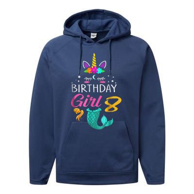 8th Birthday Unicorn Mermaid Tail 8 Years Old Performance Fleece Hoodie