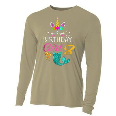 8th Birthday Unicorn Mermaid Tail 8 Years Old Cooling Performance Long Sleeve Crew