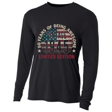 80th Birthday Vintage Born 1945 Turning 80 Year Old Cooling Performance Long Sleeve Crew