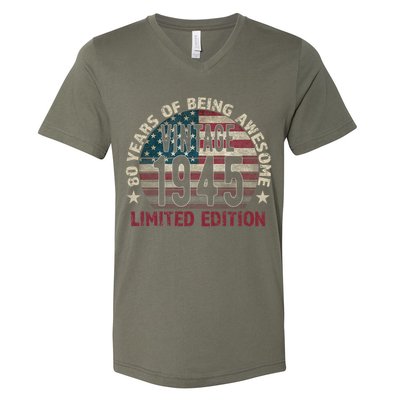 80th Birthday Vintage Born 1945 Turning 80 Year Old V-Neck T-Shirt