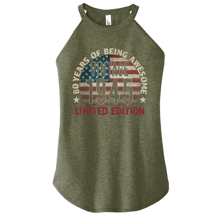 80th Birthday Vintage Born 1945 Turning 80 Year Old Women's Perfect Tri Rocker Tank