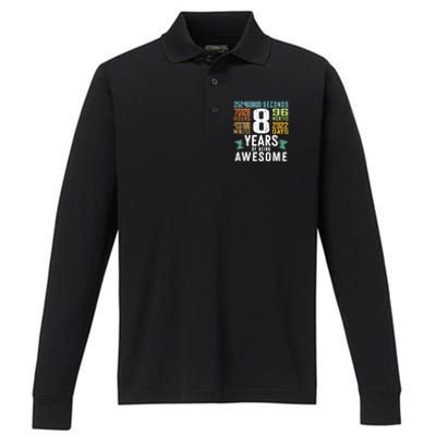 8th Birthday Vintage 96 Months 8 Year Old Birthday Performance Long Sleeve Polo