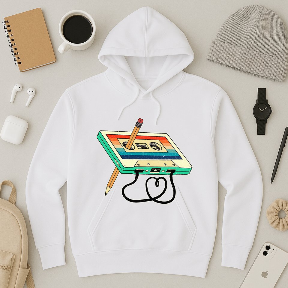 80s Cassette Tape Pencil 1980s Retro Vintage Throwback Music Hoodie