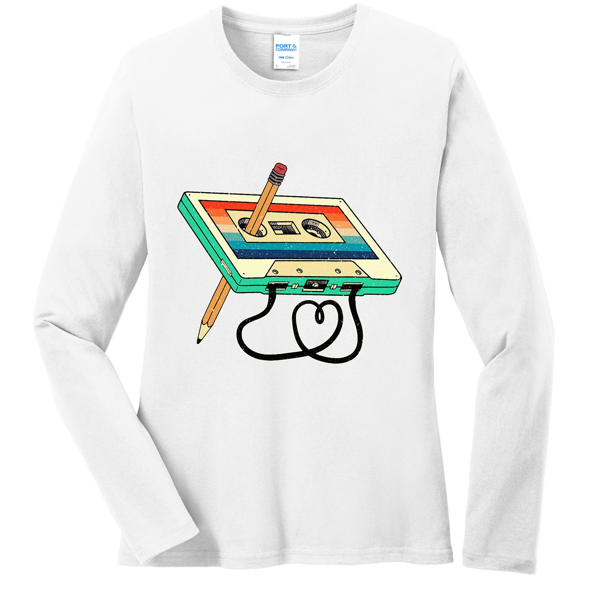 80s Cassette Tape Pencil 1980s Retro Vintage Throwback Music Ladies Long Sleeve Shirt