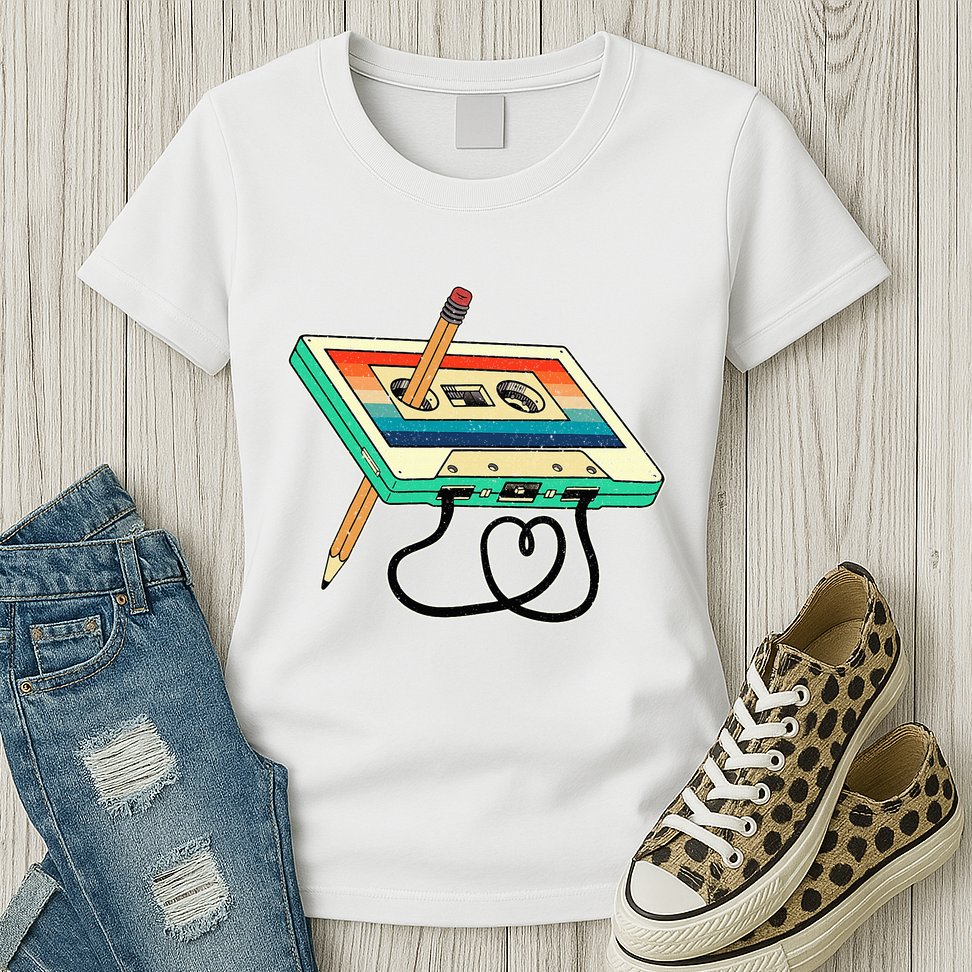 80s Cassette Tape Pencil 1980s Retro Vintage Throwback Music Womens T-Shirt
