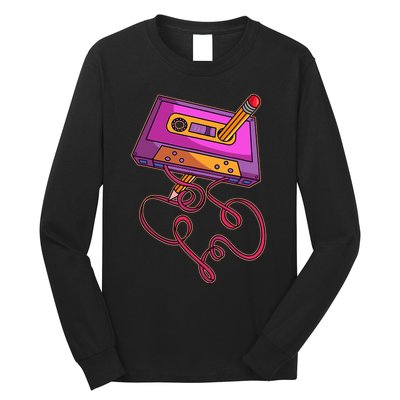 80s Cassette Tape Pencil 1980s Retro Vintage Throwback Music Long Sleeve Shirt