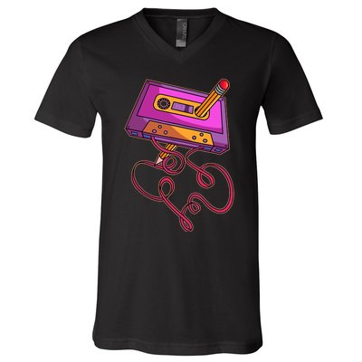 80s Cassette Tape Pencil 1980s Retro Vintage Throwback Music V-Neck T-Shirt