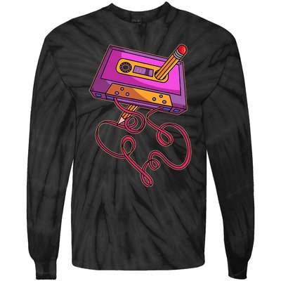 80s Cassette Tape Pencil 1980s Retro Vintage Throwback Music Tie-Dye Long Sleeve Shirt