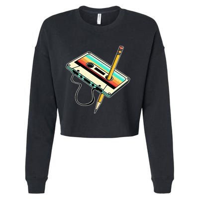 80s Cassette Tape Pencil 1980s Retro Vintage Throwback Music Cropped Pullover Crew