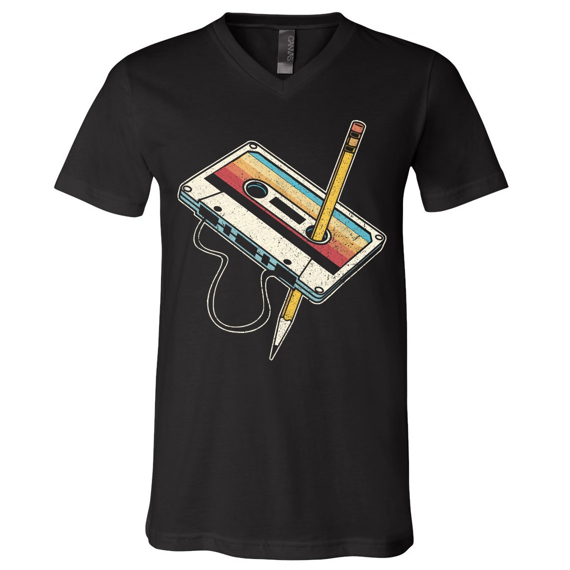 80s Cassette Tape Pencil 1980s Retro Vintage Throwback Music V-Neck T-Shirt