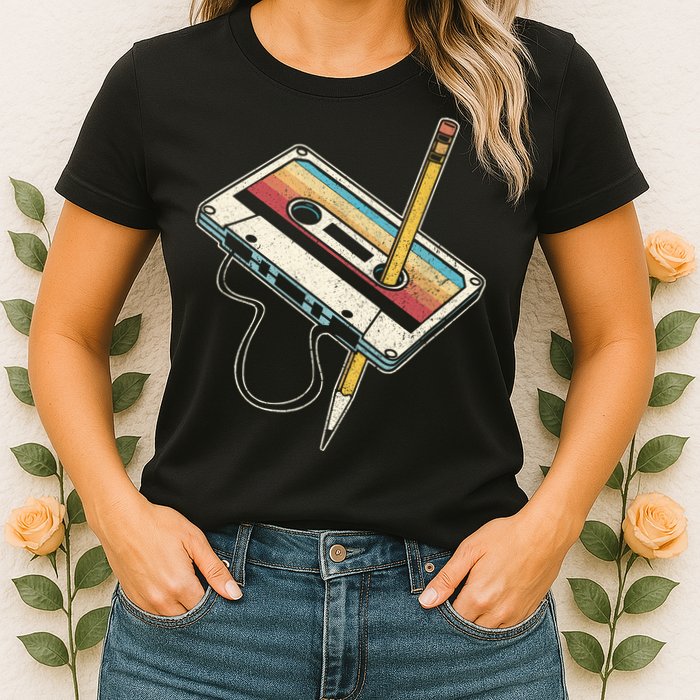 80s Cassette Tape Pencil 1980s Retro Vintage Throwback Music Womens T-Shirt
