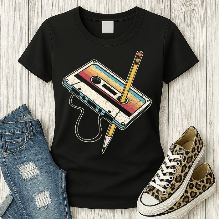 80s Cassette Tape Pencil 1980s Retro Vintage Throwback Music Womens T-Shirt