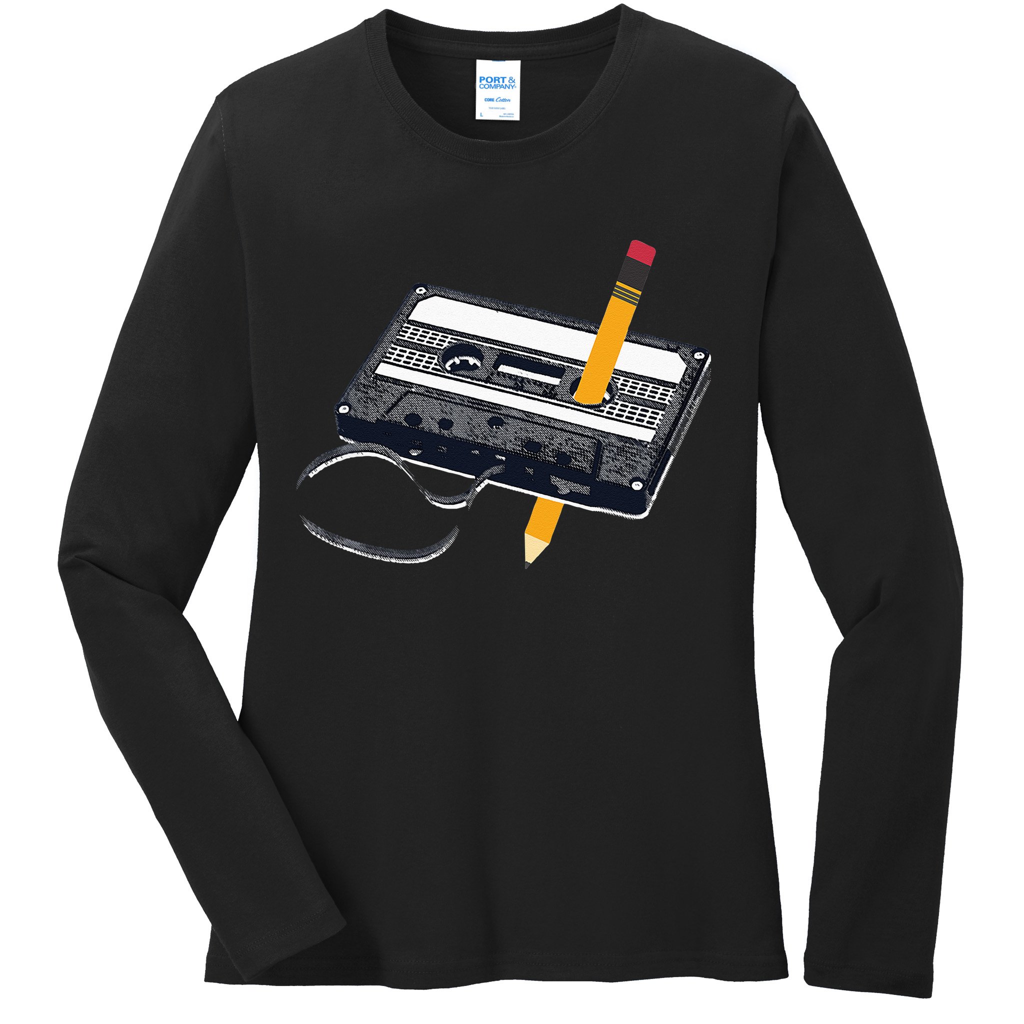 80s Cassette Tape Pencil 1980s Retro Vintage Throwback Music Ladies Long Sleeve Shirt