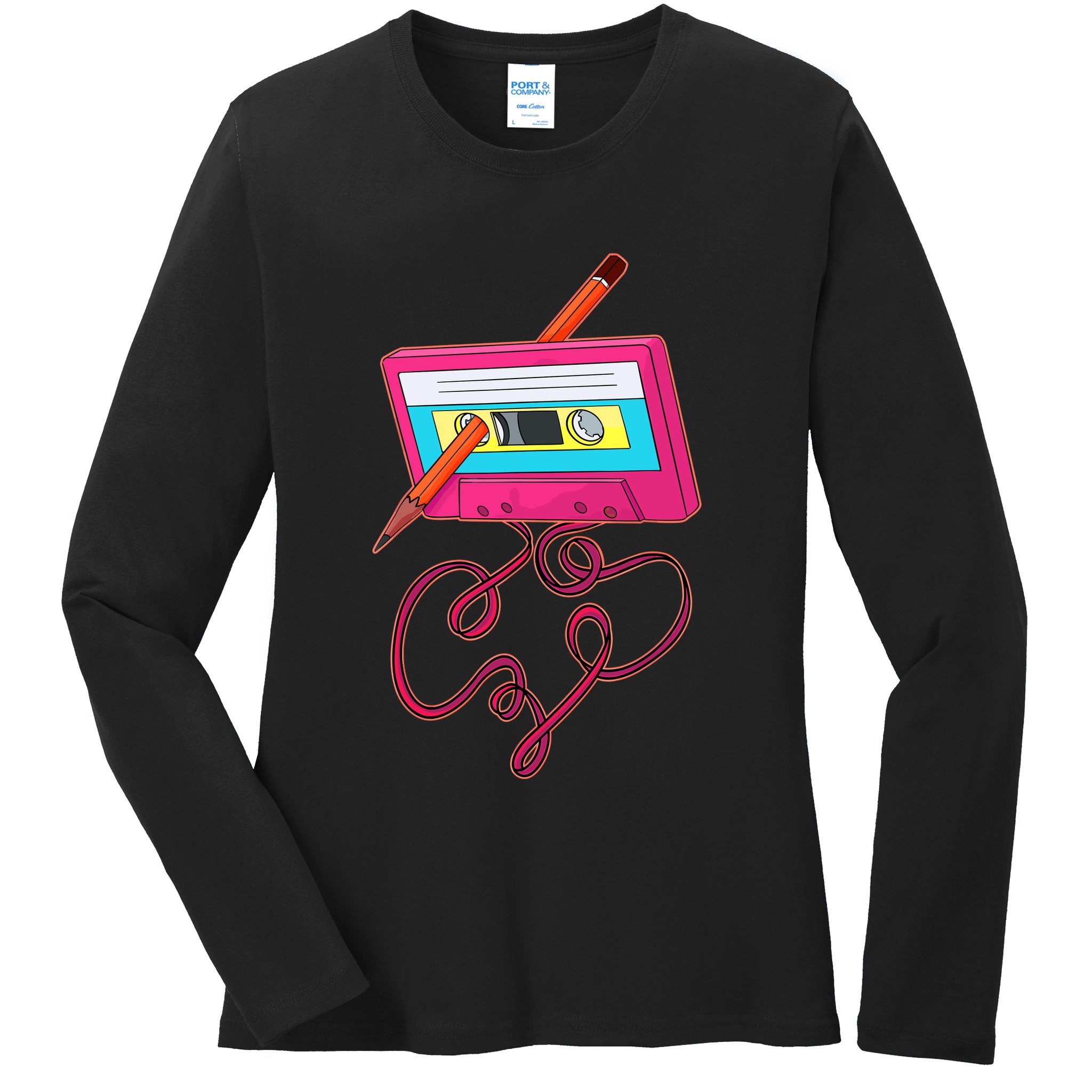 80s Cassette Tape Pencil 1980s Retro Vintage Music Ladies Long Sleeve Shirt