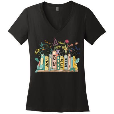8647 Foxtrots Deltas Tangos Book Flower Women's V-Neck T-Shirt