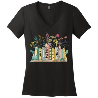 8647 Foxtrots Deltas Tangos Book Flower Women's V-Neck T-Shirt