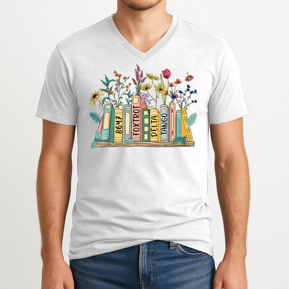 8647 Foxtrots Deltas Tangos Book Flower V-Neck T-Shirt