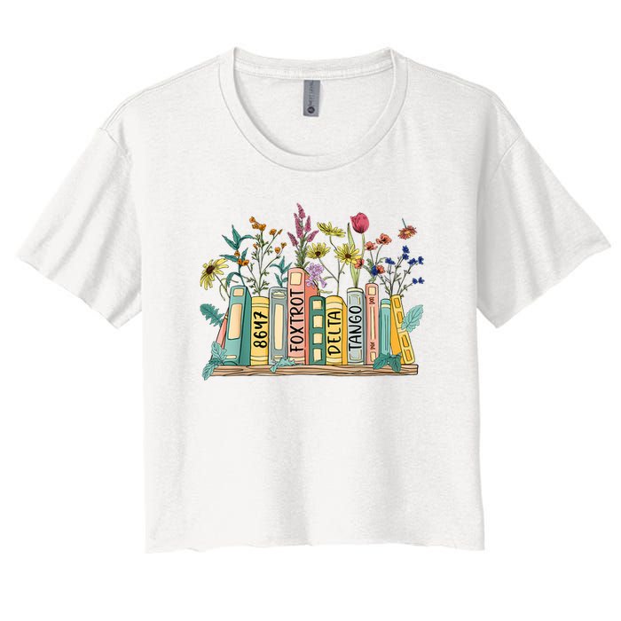 8647 Foxtrots Deltas Tangos Book Flower Crop Top