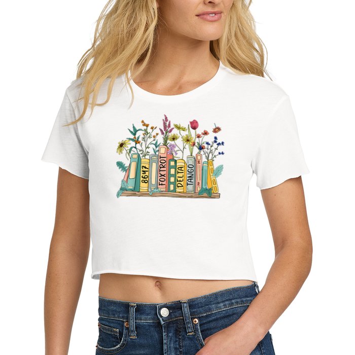8647 Foxtrots Deltas Tangos Book Flower Crop Top