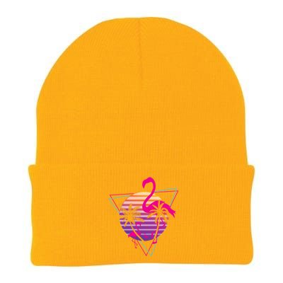 80's Flamingo Palm Sunset Synthwave Vaporwave Aesthetic Gift Knit Cap Winter Beanie