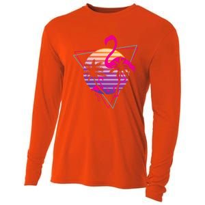 80's Flamingo Palm Sunset Synthwave Vaporwave Aesthetic Gift Cooling Performance Long Sleeve Crew