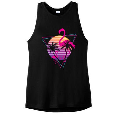 80's Flamingo Palm Sunset Synthwave Vaporwave Aesthetic Gift Ladies PosiCharge Tri-Blend Wicking Tank