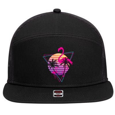 80's Flamingo Palm Sunset Synthwave Vaporwave Aesthetic Gift 7 Panel Mesh Trucker Snapback Hat