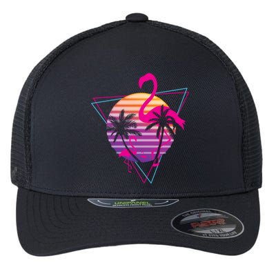 80's Flamingo Palm Sunset Synthwave Vaporwave Aesthetic Gift Flexfit Unipanel Trucker Cap