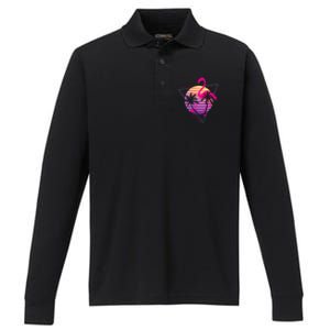 80's Flamingo Palm Sunset Synthwave Vaporwave Aesthetic Gift Performance Long Sleeve Polo