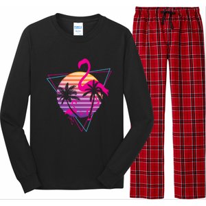 80's Flamingo Palm Sunset Synthwave Vaporwave Aesthetic Gift Long Sleeve Pajama Set