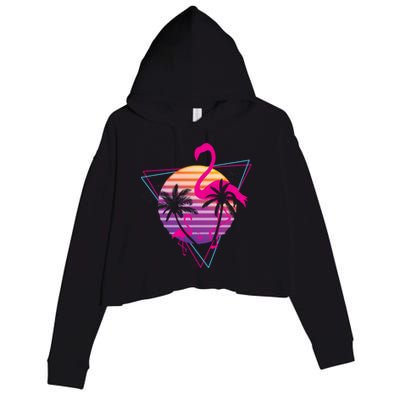 80's Flamingo Palm Sunset Synthwave Vaporwave Aesthetic Gift Crop Fleece Hoodie