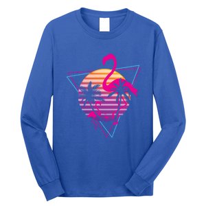 80's Flamingo Palm Sunset Synthwave Vaporwave Aesthetic Gift Long Sleeve Shirt