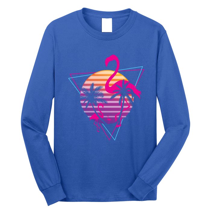 80's Flamingo Palm Sunset Synthwave Vaporwave Aesthetic Gift Long Sleeve Shirt