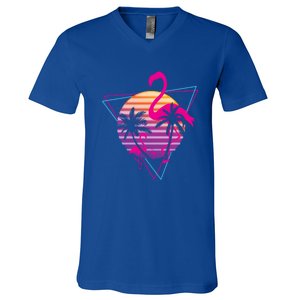 80's Flamingo Palm Sunset Synthwave Vaporwave Aesthetic Gift V-Neck T-Shirt