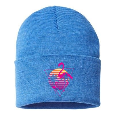 80's Flamingo Palm Sunset Synthwave Vaporwave Aesthetic Gift Sustainable Knit Beanie