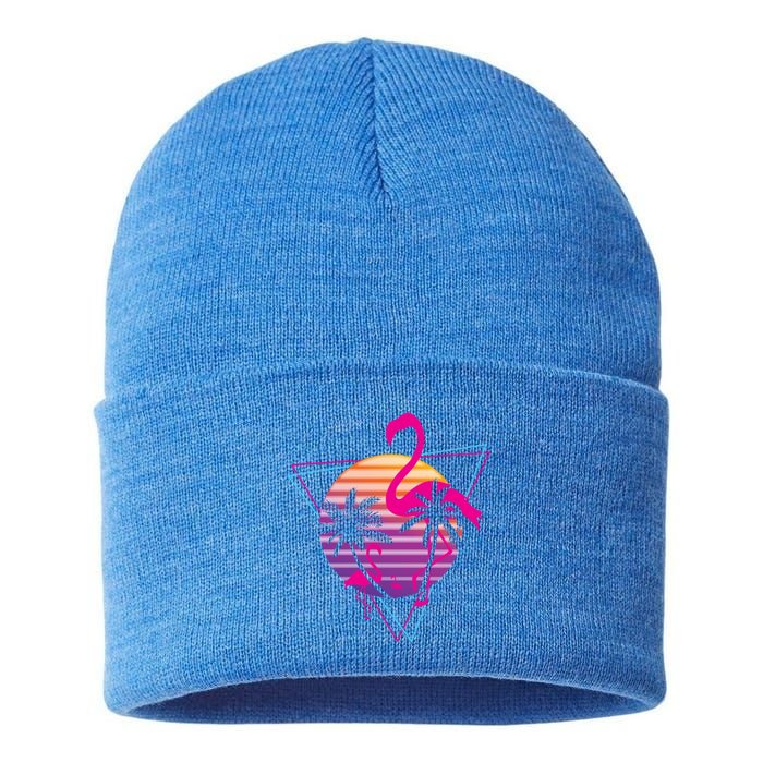 80's Flamingo Palm Sunset Synthwave Vaporwave Aesthetic Gift Sustainable Knit Beanie