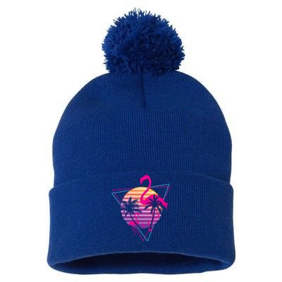 80's Flamingo Palm Sunset Synthwave Vaporwave Aesthetic Gift Pom Pom 12in Knit Beanie