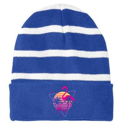 80's Flamingo Palm Sunset Synthwave Vaporwave Aesthetic Gift Striped Beanie with Solid Band