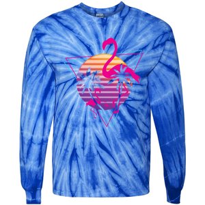 80's Flamingo Palm Sunset Synthwave Vaporwave Aesthetic Gift Tie-Dye Long Sleeve Shirt