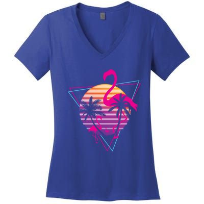 80's Flamingo Palm Sunset Synthwave Vaporwave Aesthetic Gift Women's V-Neck T-Shirt