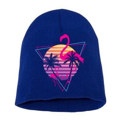 80's Flamingo Palm Sunset Synthwave Vaporwave Aesthetic Gift Short Acrylic Beanie