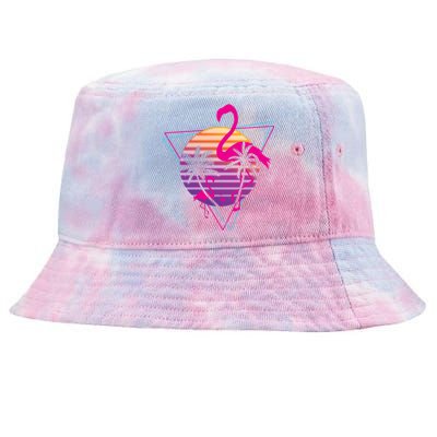 80's Flamingo Palm Sunset Synthwave Vaporwave Aesthetic Gift Tie-Dyed Bucket Hat