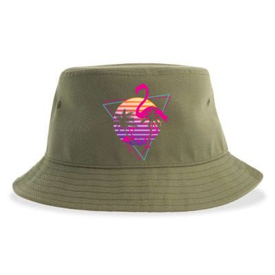 80's Flamingo Palm Sunset Synthwave Vaporwave Aesthetic Gift Sustainable Bucket Hat