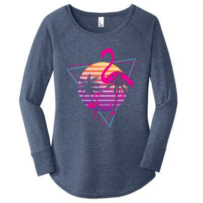 80's Flamingo Palm Sunset Synthwave Vaporwave Aesthetic Gift Women's Perfect Tri Tunic Long Sleeve Shirt