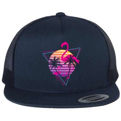 80's Flamingo Palm Sunset Synthwave Vaporwave Aesthetic Gift Flat Bill Trucker Hat