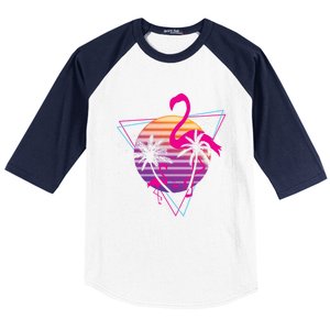 80's Flamingo Palm Sunset Synthwave Vaporwave Aesthetic Gift Baseball Sleeve Shirt