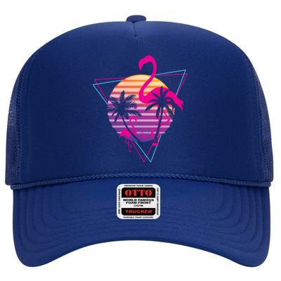 80's Flamingo Palm Sunset Synthwave Vaporwave Aesthetic Gift High Crown Mesh Back Trucker Hat