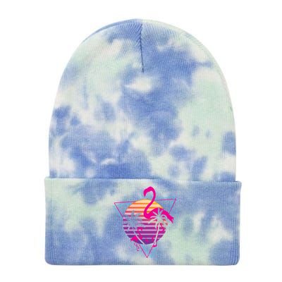 80's Flamingo Palm Sunset Synthwave Vaporwave Aesthetic Gift Tie Dye 12in Knit Beanie