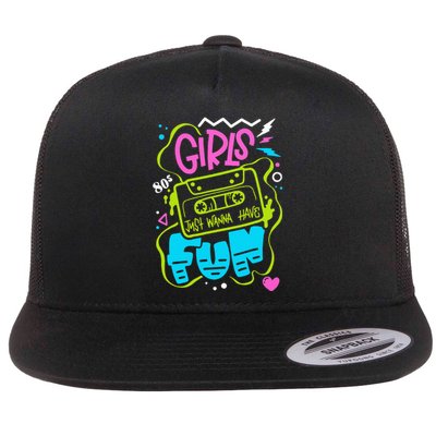 80's Girl Just Wanna Have Fun Nostalgia 1980s Flat Bill Trucker Hat